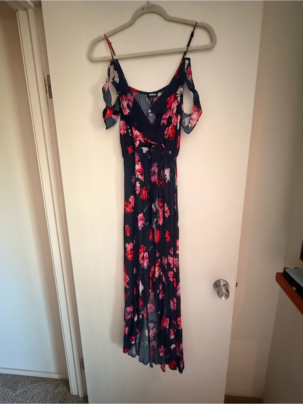 Express Navy Floral Cold-Shoulder Midi Dress